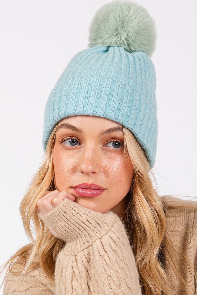 Snowy Silhouette Pom Pom Beanie, Blue - Wholesale Accessory Market