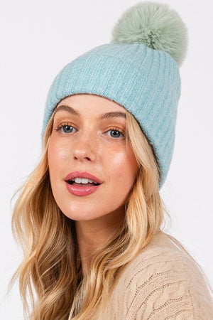 Snowy Silhouette Pom Pom Beanie, Blue - Wholesale Accessory Market