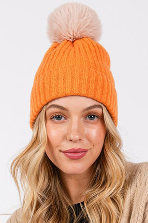 Snowy Silhouette Pom Pom Beanie, Orange - Wholesale Accessory Market