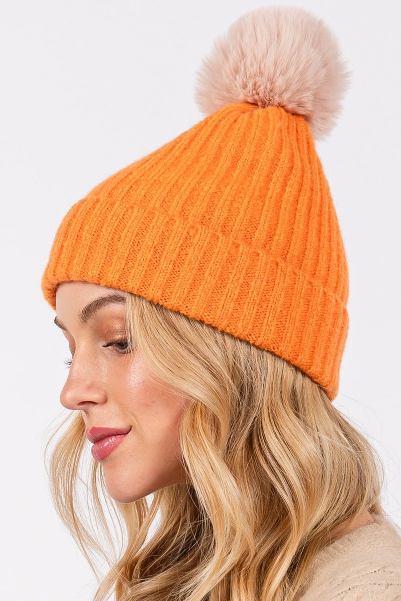 Snowy Silhouette Pom Pom Beanie, Orange - Wholesale Accessory Market