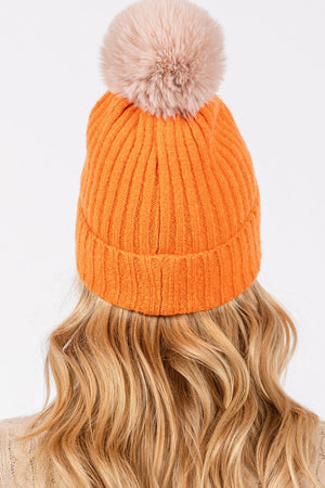 Snowy Silhouette Pom Pom Beanie, Orange - Wholesale Accessory Market