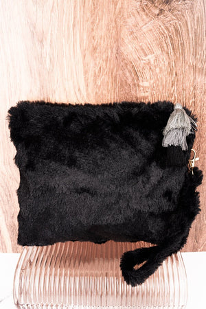 Black Fria Faux Fur Wristlet Tassel Pouch - Wholesale Accessory Market