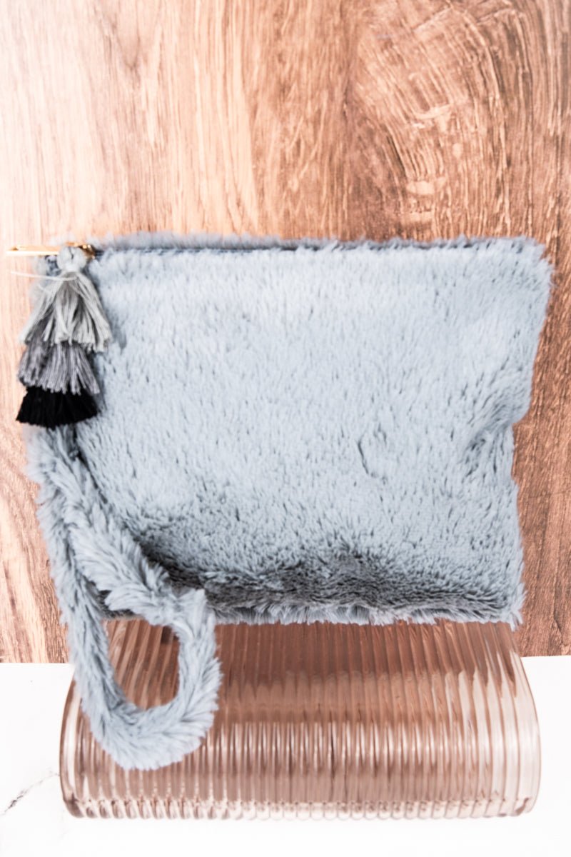 Gray Fria Faux Fur Wristlet Tassel Pouch - Wholesale Accessory Market