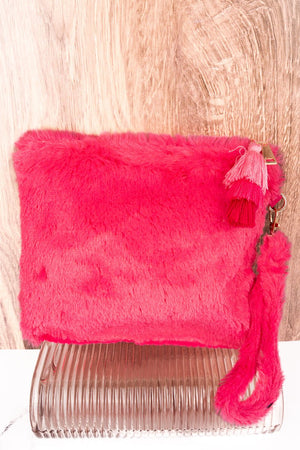 Hot Pink Fria Faux Fur Wristlet Tassel Pouch - Wholesale Accessory Market