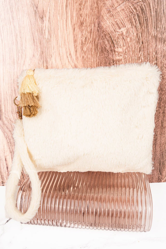 Ivory Fria Faux Fur Wristlet Tassel Pouch - Wholesale Accessory Market