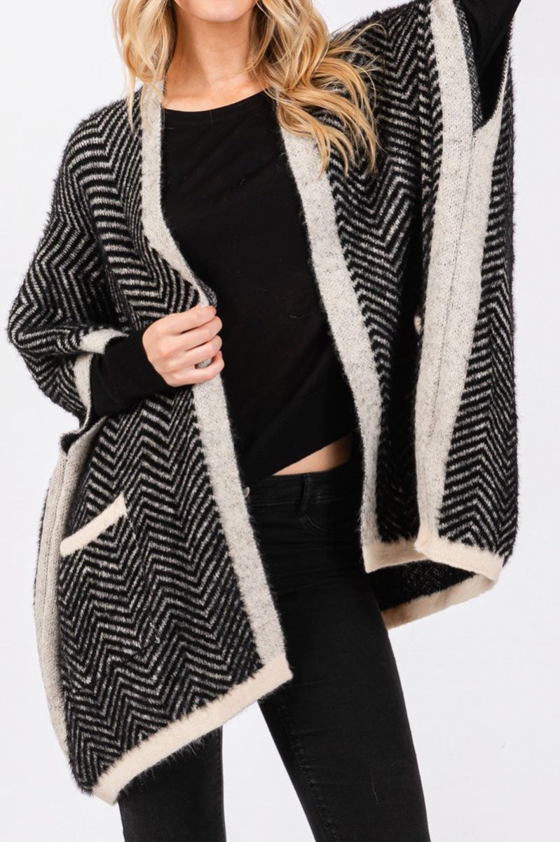 Herringbone Chilling Weather Kimono, Black - Wholesale Accessory Market