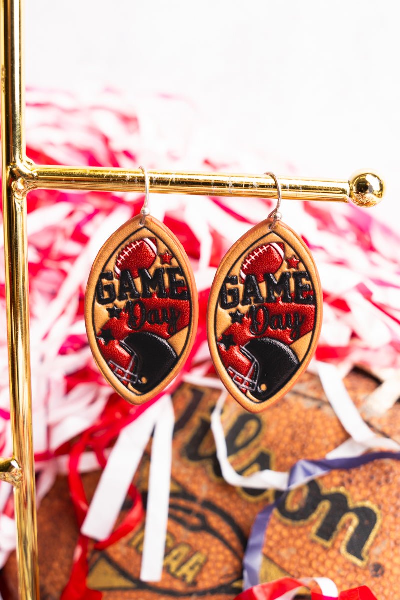 Black and Red Football Gameday Embossed Faux Leather Earrings - Wholesale Accessory Market