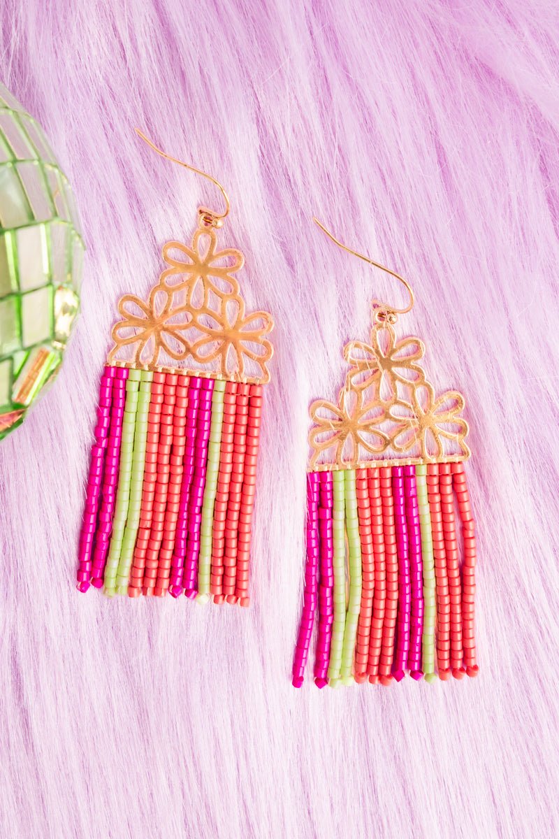 Goldtone Flower and Seed Bead Fringe Earrings - Wholesale Accessory Market