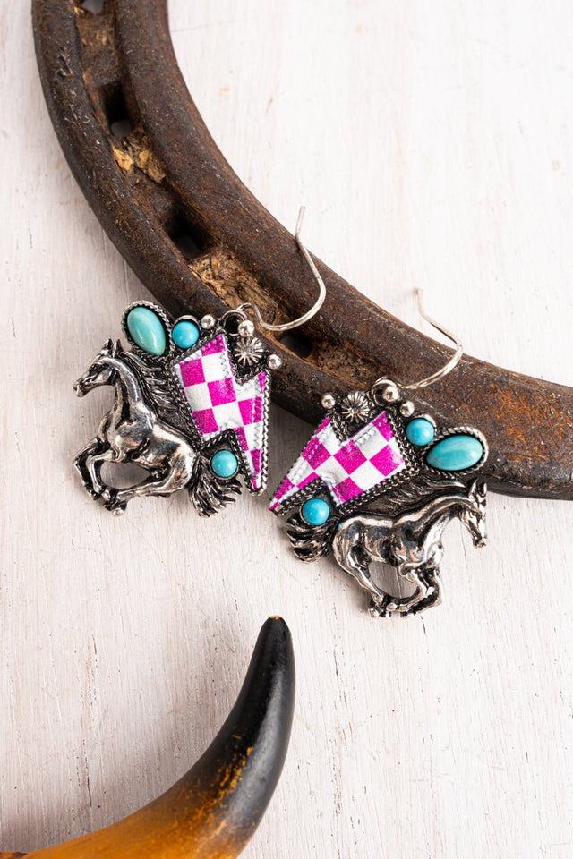 Pink Checkerboard Turquoise Stallion Silvertone Earrings - Wholesale Accessory Market