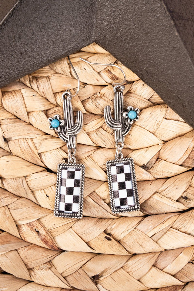 Black Checkerboard Turquoise Cactus Silvertone Earrings - Wholesale Accessory Market