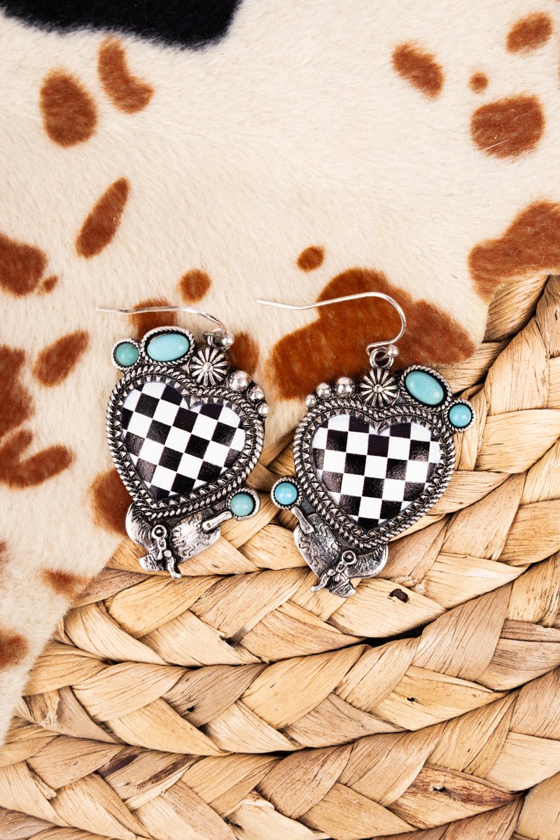 Black Checkerboard Turquoise Heart Silvertone Earrings - Wholesale Accessory Market