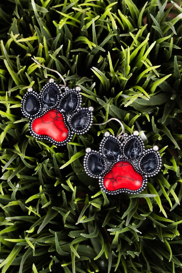 Black and Red Silvertone Paw Print Earrings - Wholesale Accessory Market