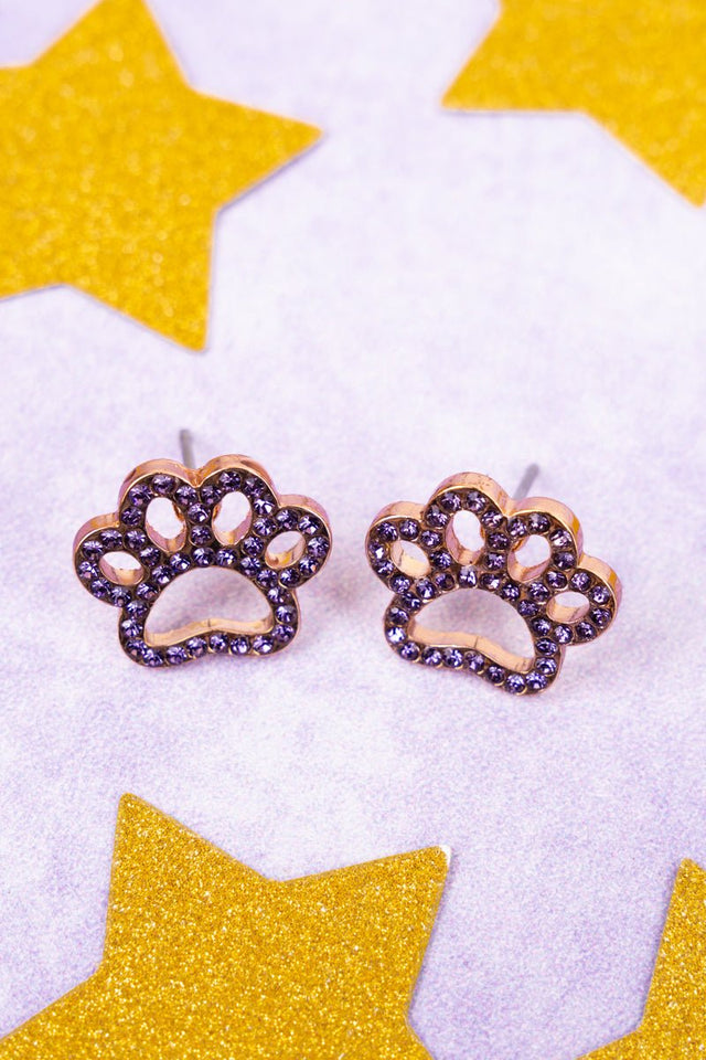 Pave Purple Crystal Goldtone Paw Print Earrings - Wholesale Accessory Market