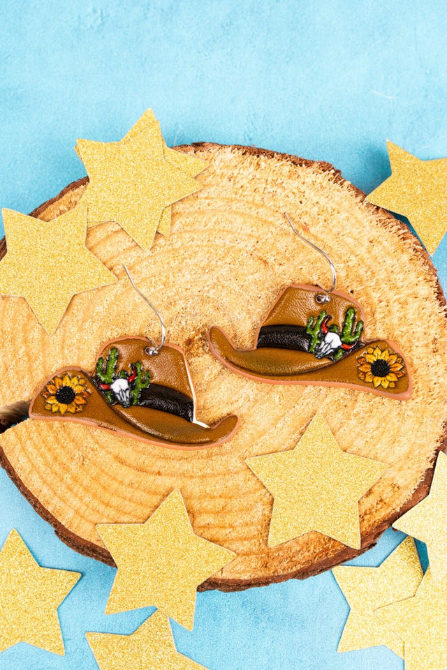 Desert Sunflower Cowboy Hat Faux Leather Earrings - Wholesale Accessory Market