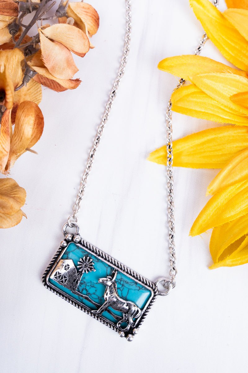 Turquoise Farm Scene Silvertone Necklace - Wholesale Accessory Market