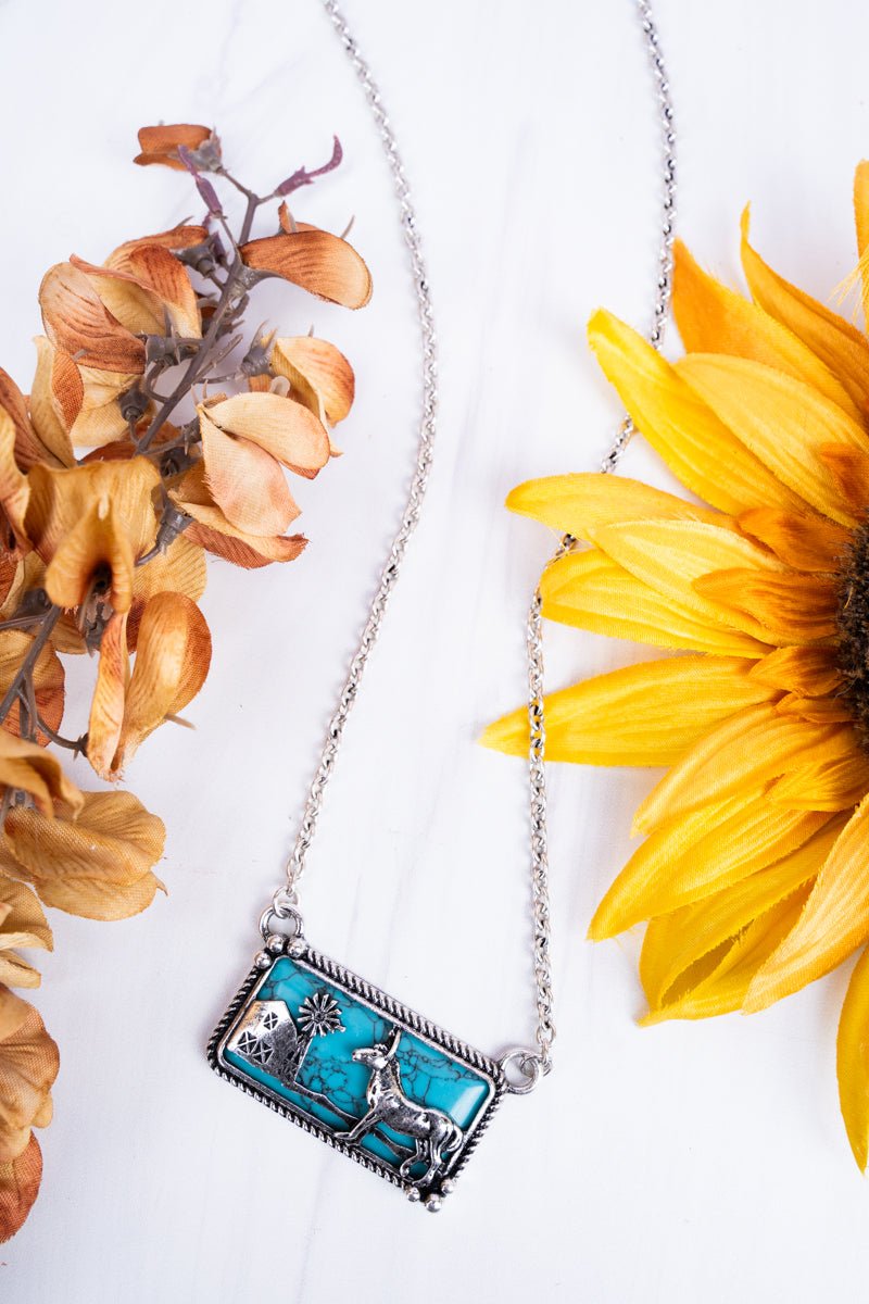 Turquoise Farm Scene Silvertone Necklace - Wholesale Accessory Market