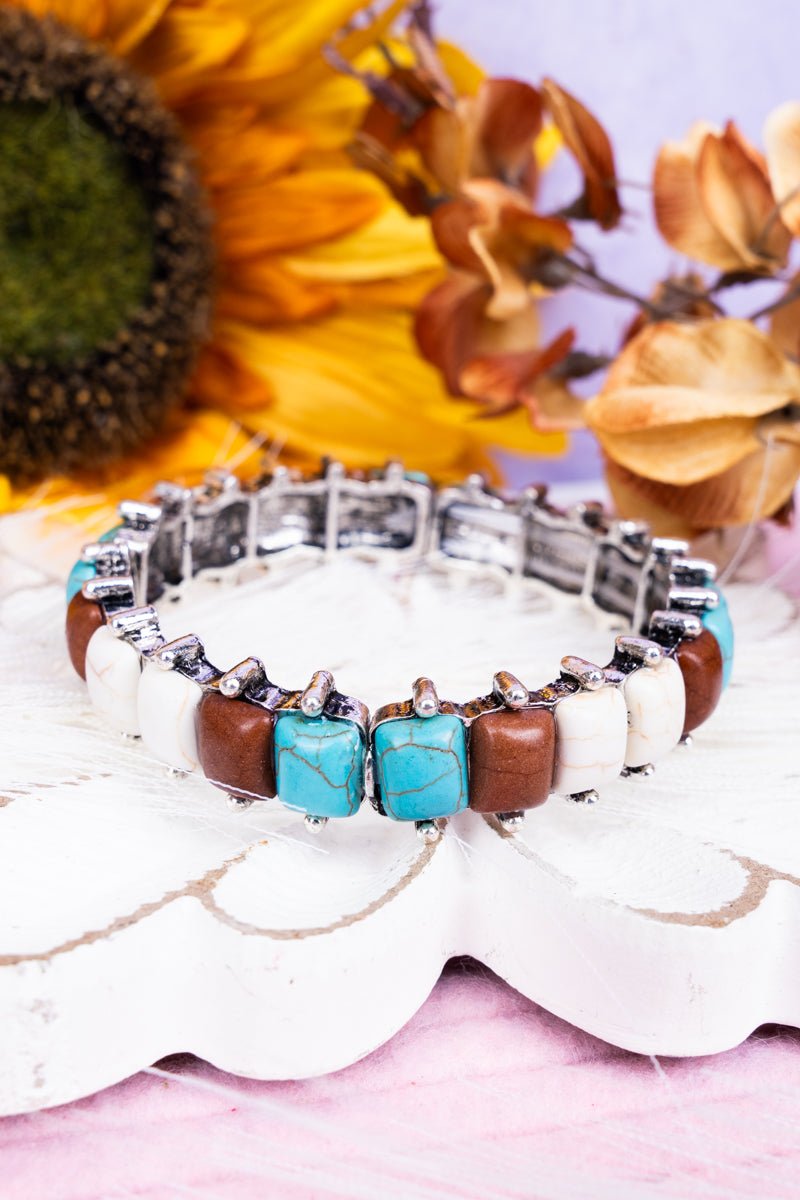 Maisie Turquoise and Brown Silvertone Stretch Bracelet - Wholesale Accessory Market