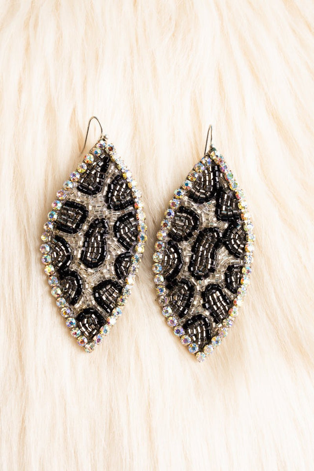 SALE! Crystal Trimmed Silver Leopard Seed Bead Marquise Earrings - Wholesale Accessory Market