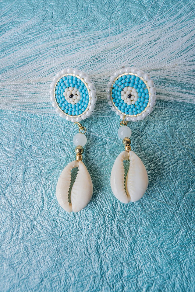 SALE! Blue Seed Bead Cowrie Shell Drop Earrings - Wholesale Accessory Market