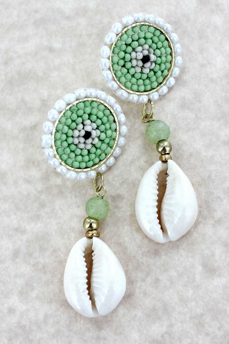 SALE! Mint Seed Bead Cowrie Shell Drop Earrings - Wholesale Accessory Market