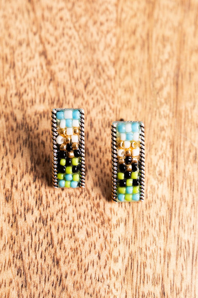 SALE! Turquoise Multi Sead Bead Silvertone Bar Earrings - Wholesale Accessory Market