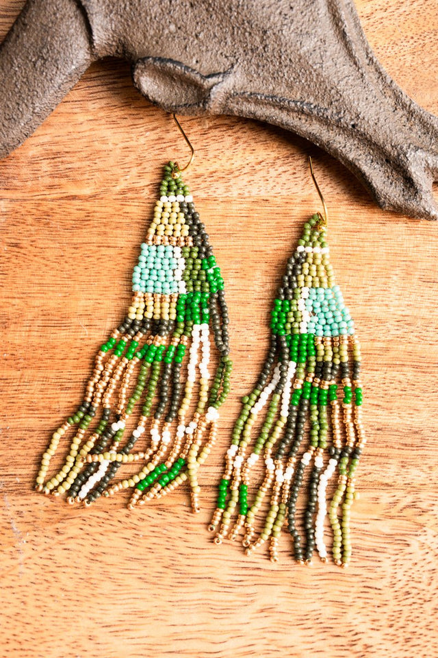 SALE! Bellshore Olive Multi Fringe Seed Bead Earrings - Wholesale Accessory Market