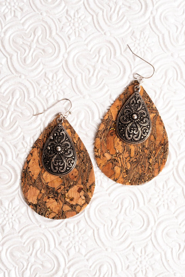 SALE! Silvertone Scroll and Cork Double Teardrop Earrings - Wholesale Accessory Market