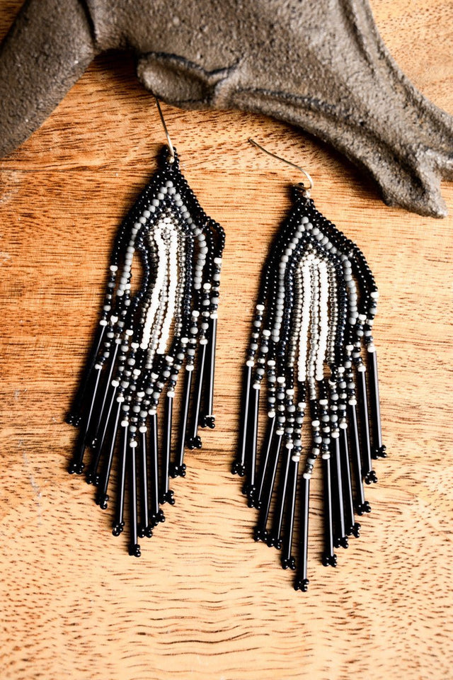 SALE! Fall River Black Multi Seed Bead Fringe Earrings - Wholesale Accessory Market