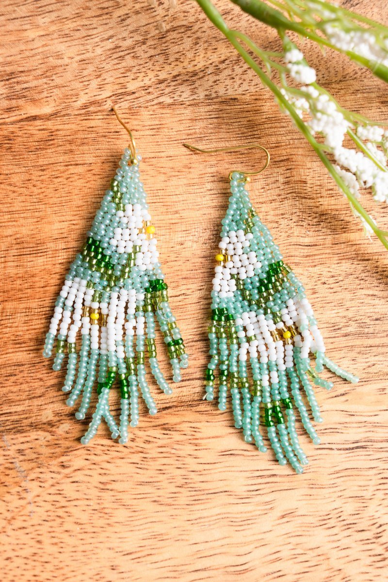 SALE! Floral Mint Multi Seed Bead Fringe Earrings - Wholesale Accessory Market