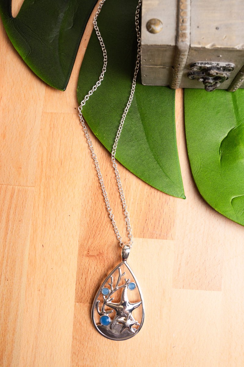 SALE! Turquoise Sea Glass and Silvertone Starfish Teardrop Necklace - Wholesale Accessory Market