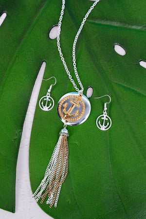 SALE! Two - Tone Anchor Disk & Tassel Necklace and Earring Set - Wholesale Accessory Market