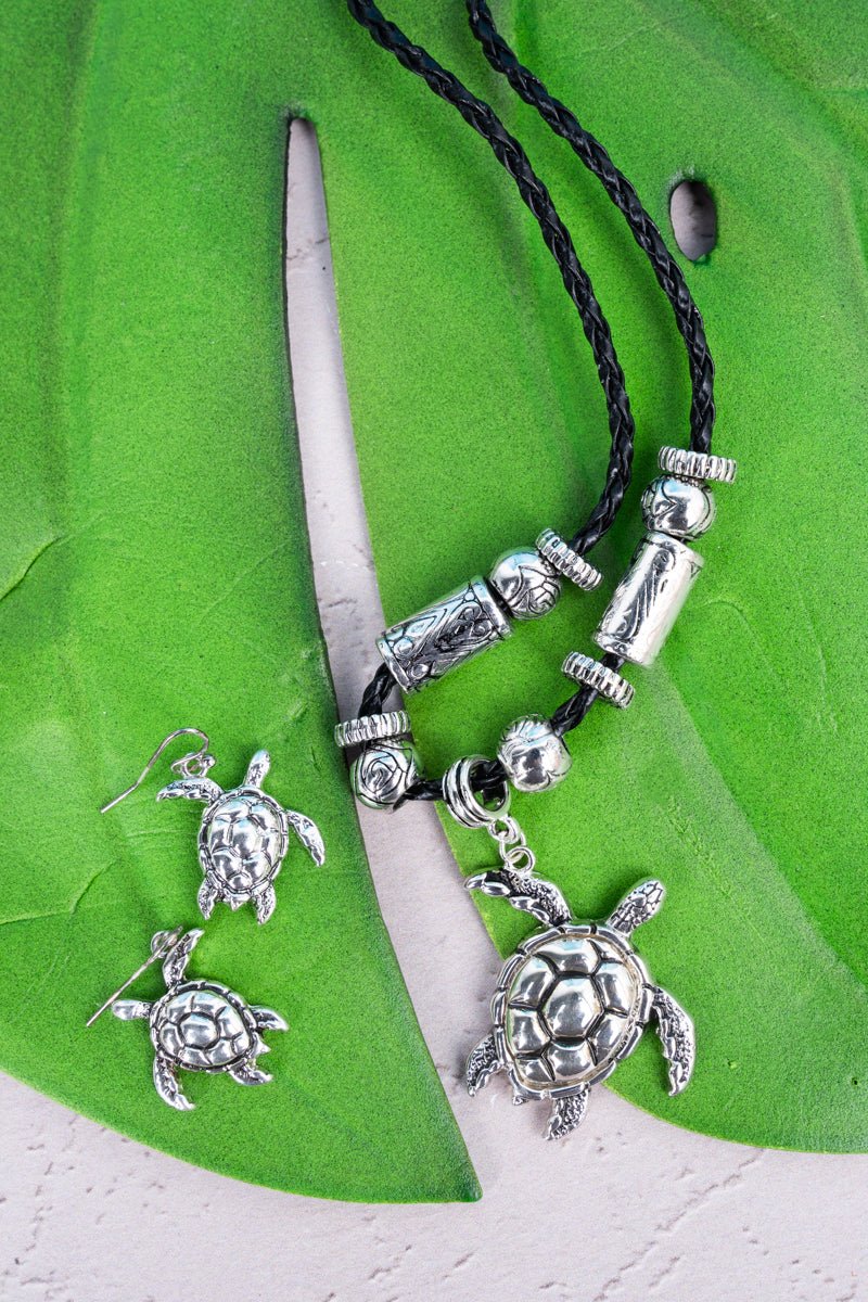 SALE! Silvertone Turtle Pendant Black Cord Necklace and Earring Set - Wholesale Accessory Market