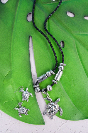 SALE! Silvertone Turtle Pendant Black Cord Necklace and Earring Set - Wholesale Accessory Market