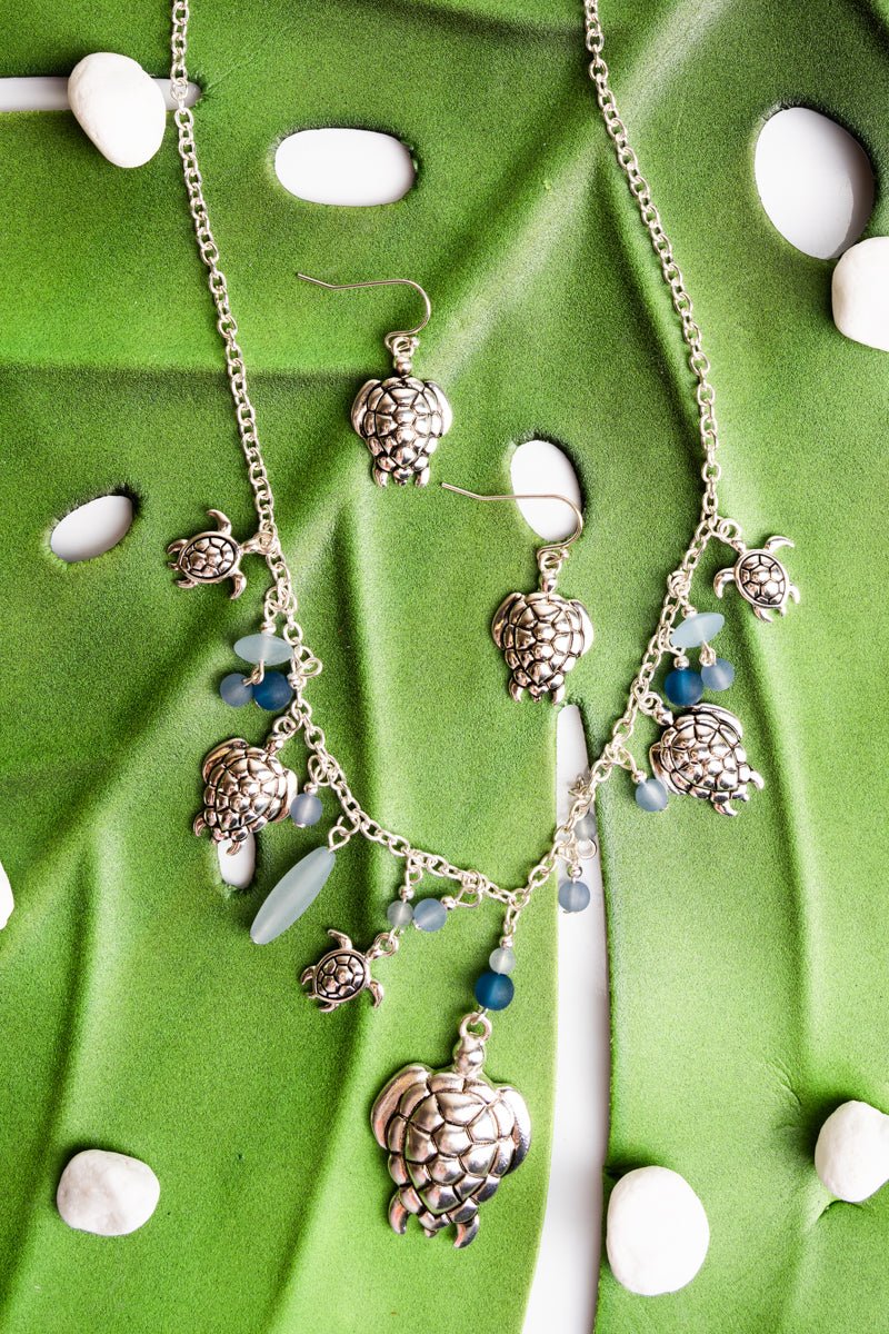 SALE! Blue Sea Glass Turtle Charm Necklace and Earring Set - Wholesale Accessory Market