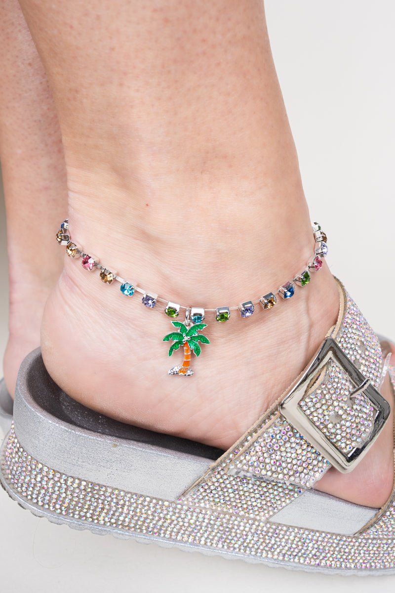 SALE! Multi - Color Rhinestone Palm Tree Charm Anklet - Wholesale Accessory Market