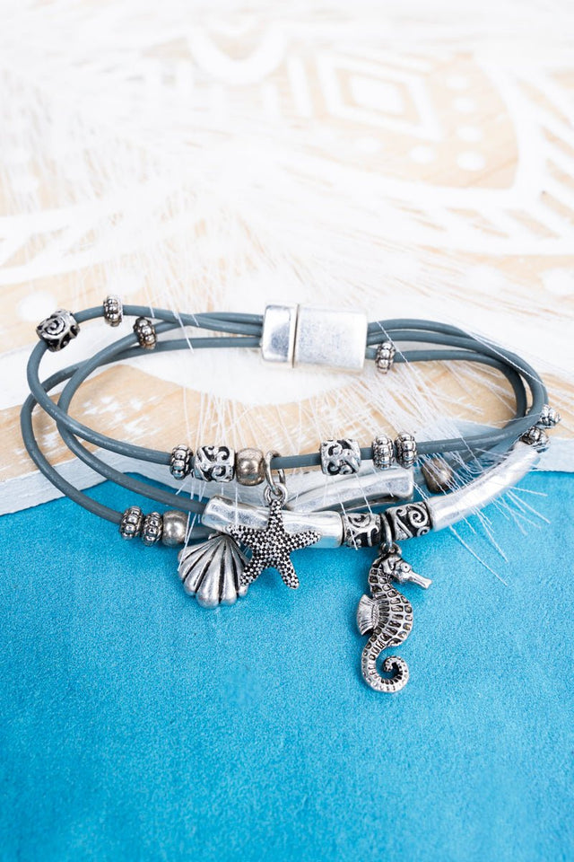 SALE! Sea Life Charm Gray Cord Magnetic Bracelet - Wholesale Accessory Market