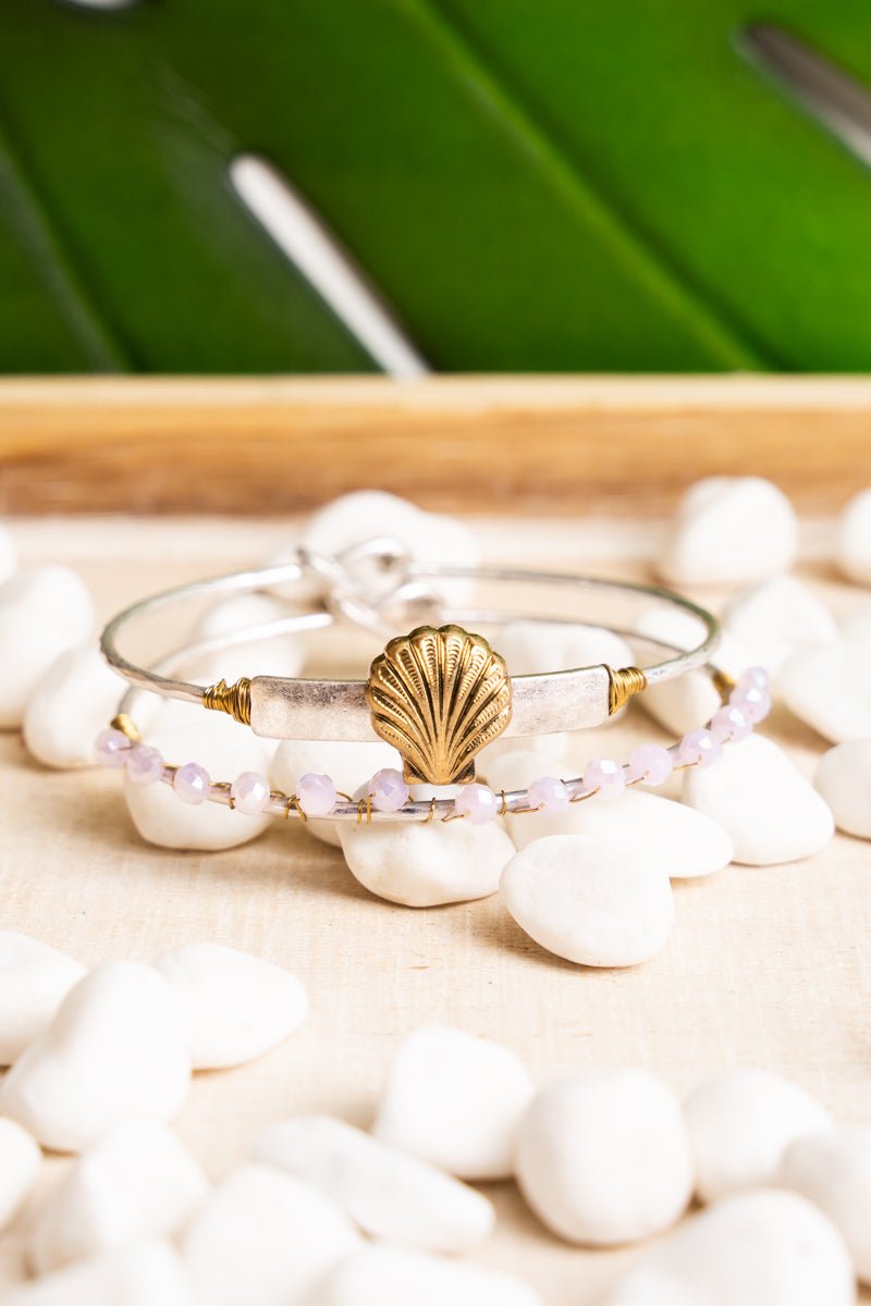 SALE! Silvertone with Goldtone Sea Shell and Pink Bead Bangle Set - Wholesale Accessory Market