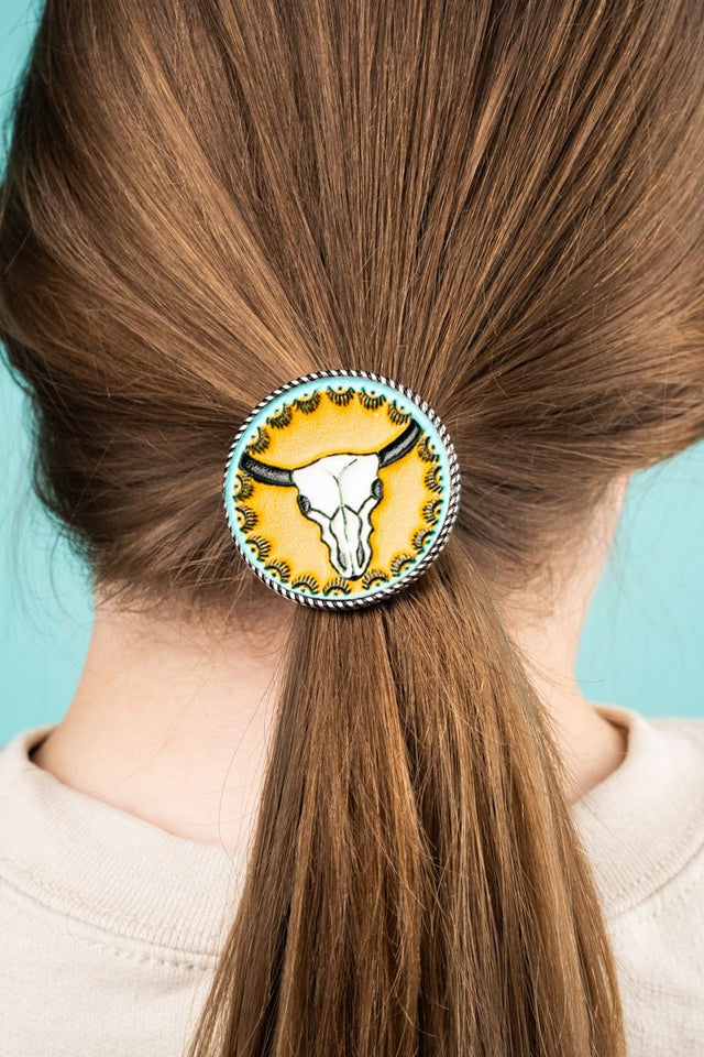 Turquoise & Brown Tooled Leather Steer Skull Hair Tie - Wholesale Accessory Market