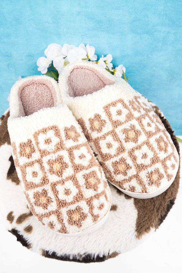 Checked Out Beige Flower Plush Slippers - Wholesale Accessory Market