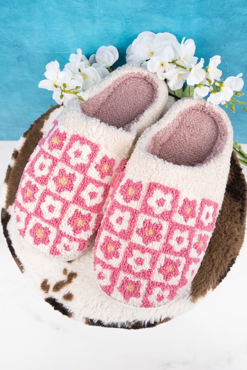 Checked Out Pink Flower Plush Slippers - Wholesale Accessory Market