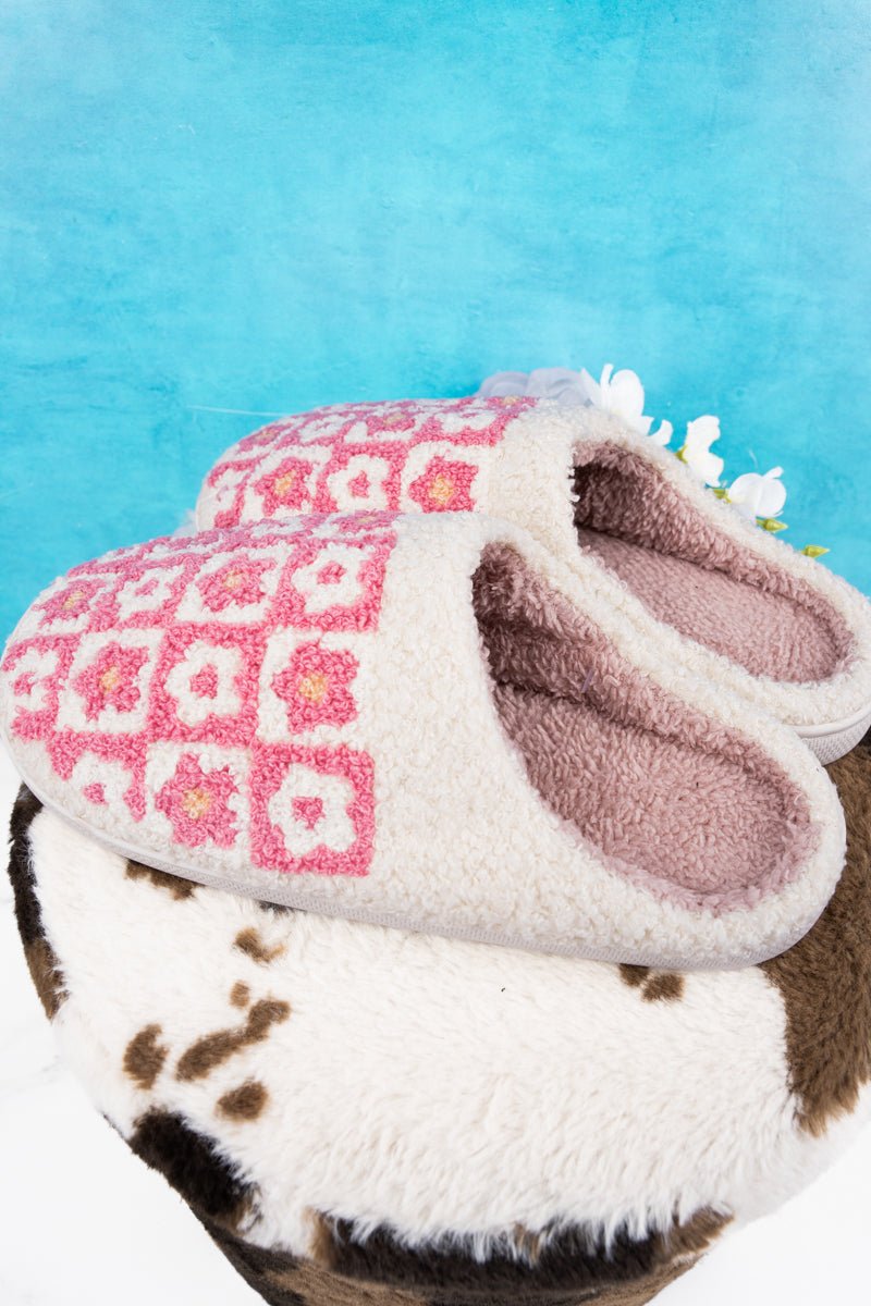 Checked Out Pink Flower Plush Slippers - Wholesale Accessory Market