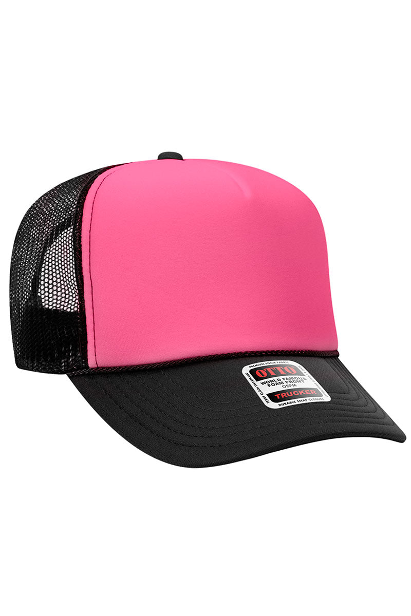 Black with Neon Pink Foam Front High Crown Trucker Hat