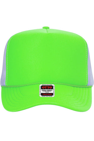 OTTO Neon Green and White Foam Front High Crown Back Split Color Trucker Hat - Wholesale Accessory Market