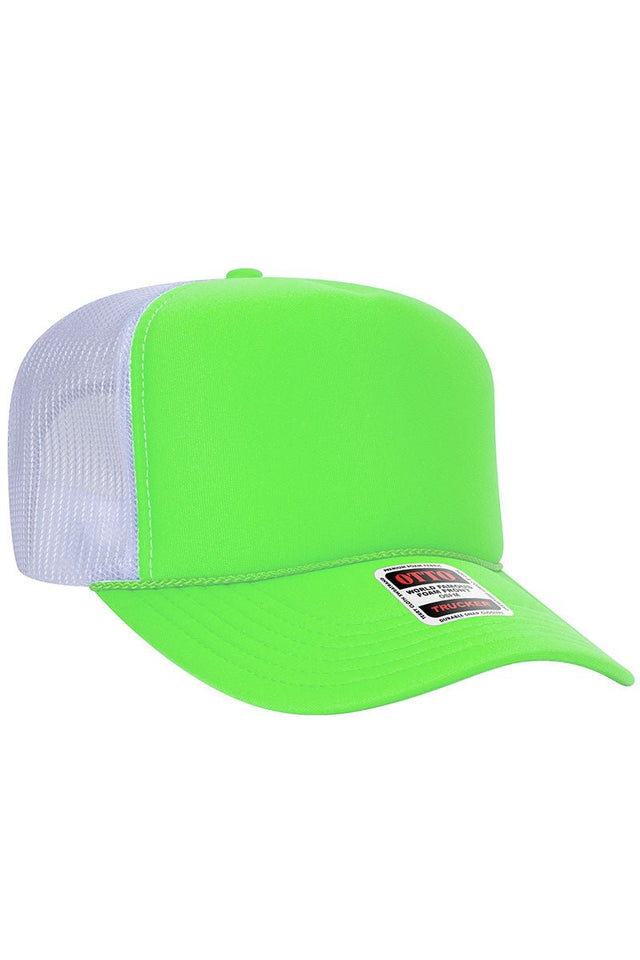 OTTO Neon Green and White Foam Front High Crown Back Split Color Trucker Hat - Wholesale Accessory Market