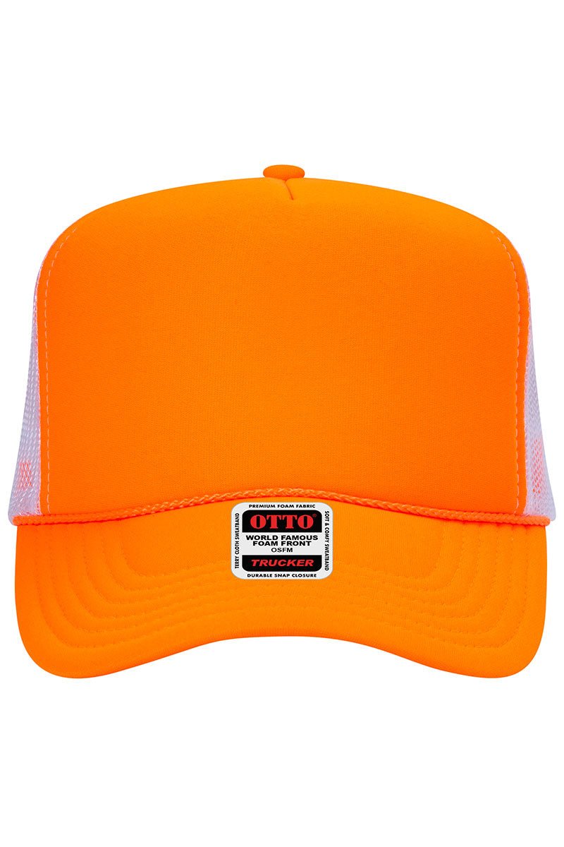 OTTO Neon Orange and White Foam Front High Crown Back Split Color Trucker Hat - Wholesale Accessory Market