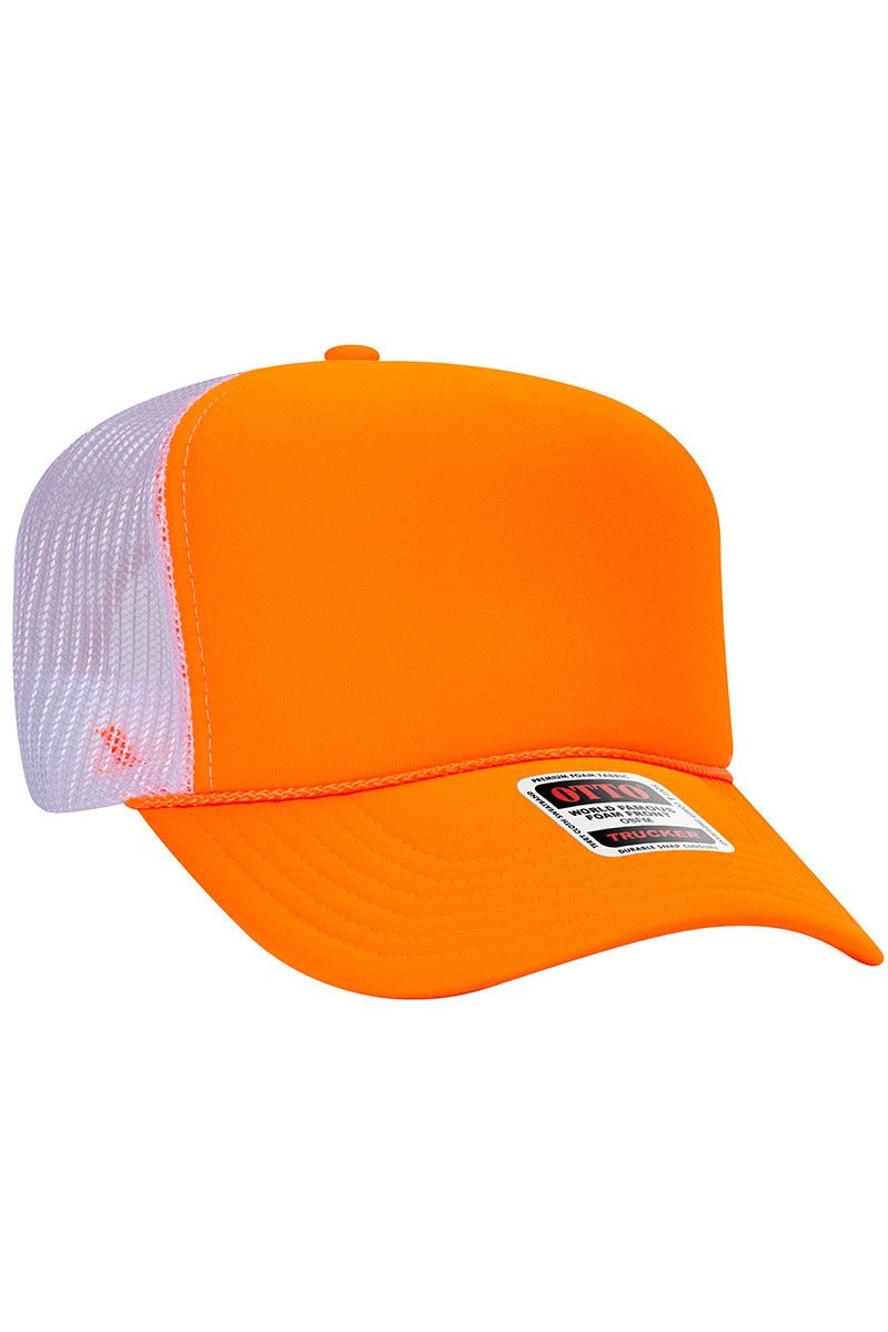 OTTO Neon Orange and White Foam Front High Crown Back Split Color Trucker Hat - Wholesale Accessory Market