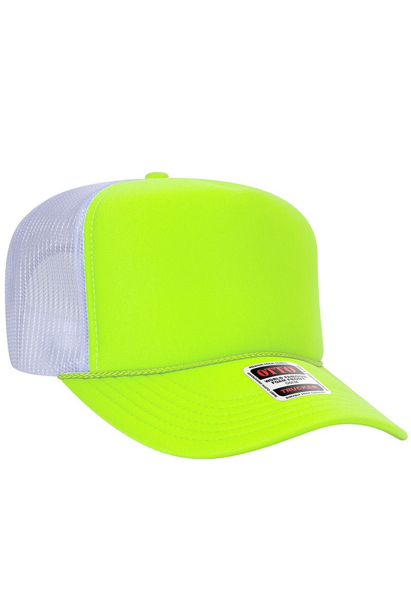 OTTO Neon Yellow and White Foam Front High Crown Back Split Color Trucker Hat Wholesale Accessory Market