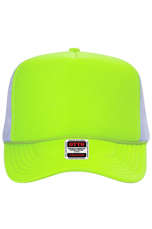 OTTO Neon Yellow and White Foam Front High Crown Back Split Color Trucker Hat - Wholesale Accessory Market