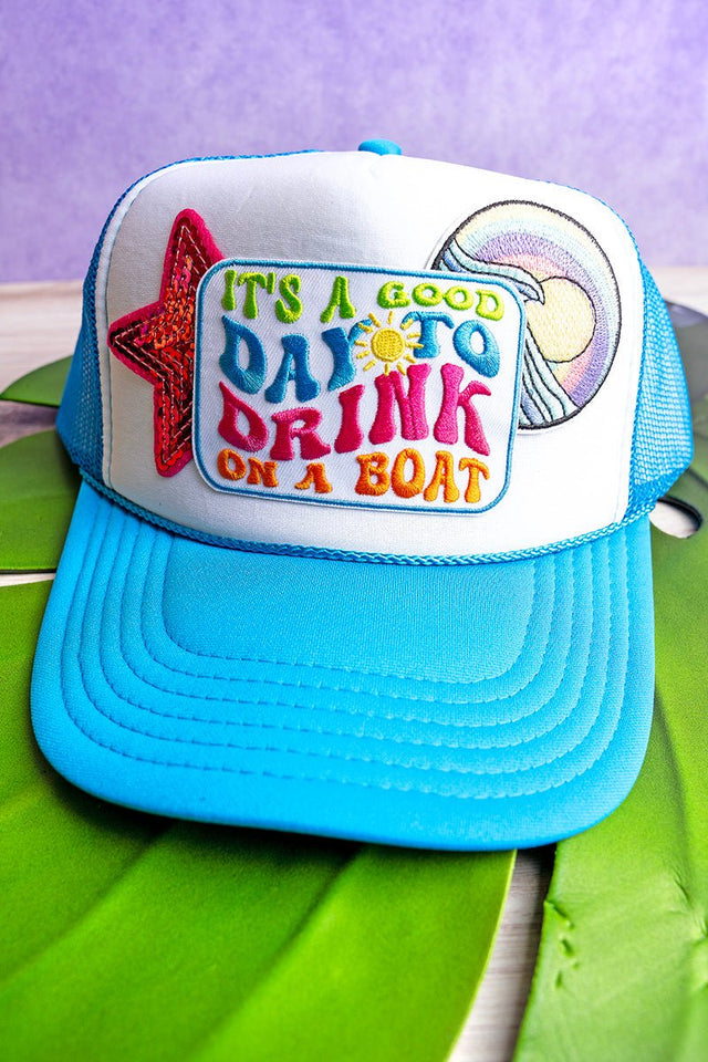 Good Day To Drink On A Boat Neon Blue Trucker Hat - Wholesale Accessory Market