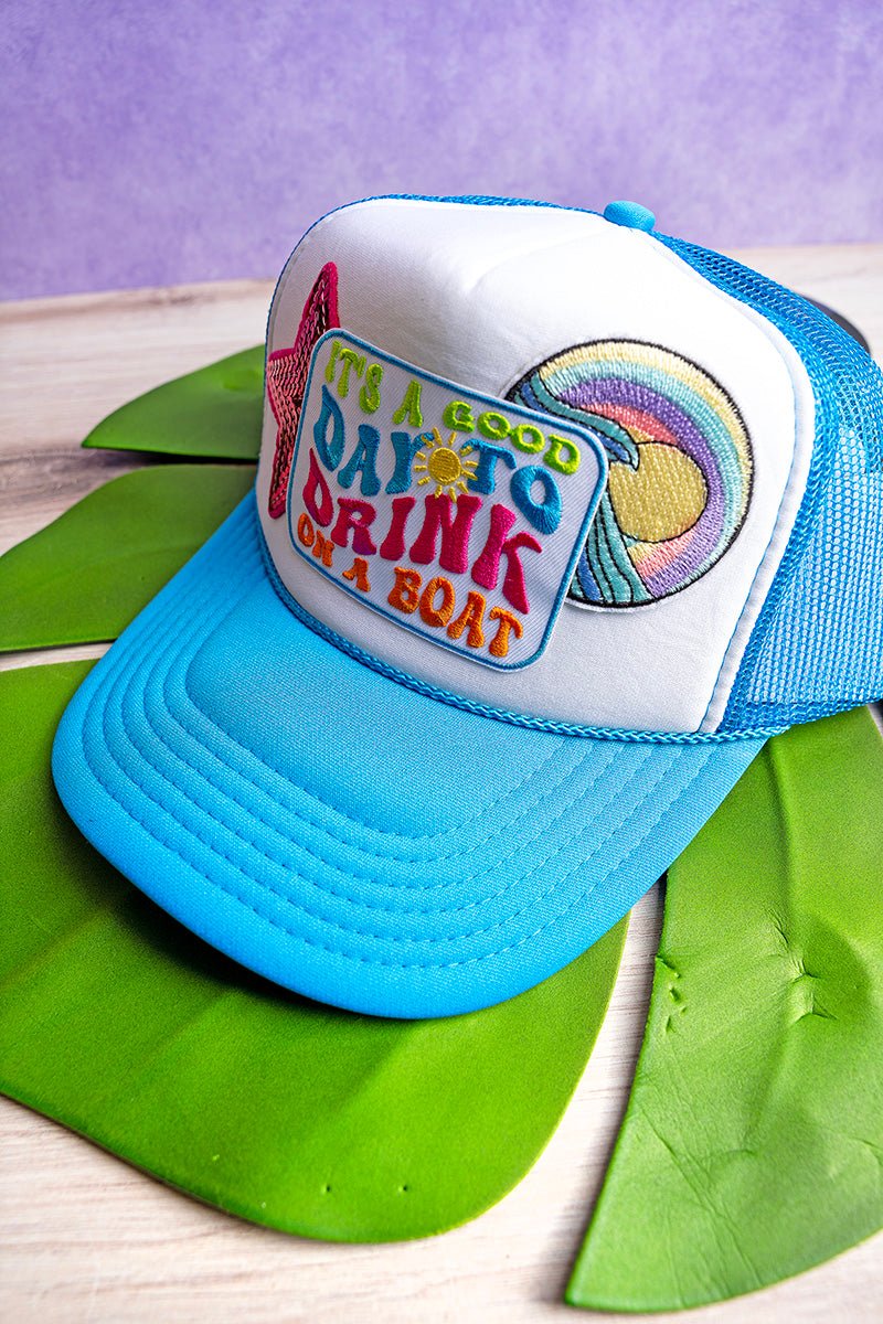 Good Day To Drink On A Boat Neon Blue Trucker Hat - Wholesale Accessory Market